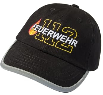 (A) Reflektoren Kappe für Kinder - Feuerwehr 112 (inkl. 3 Feuerwehrauto Sticker) - Reflektierende Feuerwehrmann Basecap - Jungen Cap (One Size/Reflektor Schwarz)