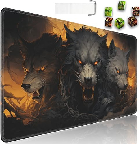 JVGFYNKL MTG Spielmatte + Reisetasche mit Kordelzug + 6 Würfelzähler, für Tisch-Sammelkartenspiel-Spielmatten oder großes Mauspad, rutschfestes Gummi, 61 x 35,6 cm, Wilder Wolf TCG Spielmatte