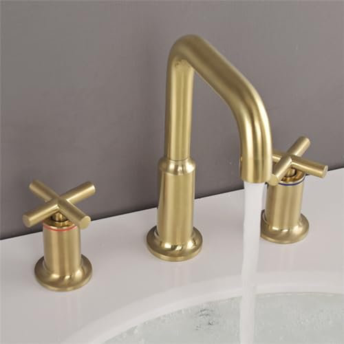 BiaoTeng Robinet Salle De Bain Trois Trous Or brossé Mitigeur 2 Poignées 3 Trous Laiton Connexion G1/2 Robinet De Lavabo 3 Trous, Or brossé