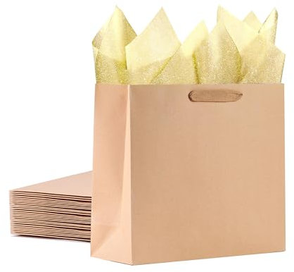 SHIPKEY Große braune Geschenktüten, Krafttüten mit goldenem Seidenpapier, 31,8 x 11,4 x 27,9 cm, Papiertüten mit Griffen, 12 Stück