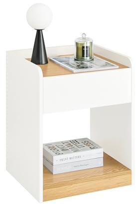 SoBuy Nachttisch mit Kabelmanagement, moderner Nachttisch mit Schublade & offenem Fach, Beistelltisch für Schlafzimmer & Wohnzimmer, Weiß, B45 x T40 x H55 cm FBT128-WN