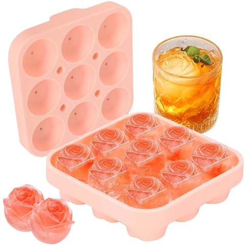 9-Fach Silikon Eiswürfelform Rose, BPA Frei Rosen-Eiswürfel, Eiswürfelform Rose mit Deckel, Wiederverwendbare Eiswürfel Form, Rose Blumen Eiswürfelschale für Cocktails Whiskey Bourbon Saft (Rosa)