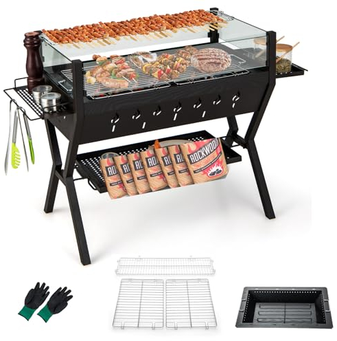 KOMFOTTEU Barbacoa de Carbón de Madera Con Parabrisas, Soporte de Especias y Parrilla de Metal - 3 en 1 Para Camping y Exterior - 98 x 70 x 68 cm, Negro - Incluye Par de Guantes