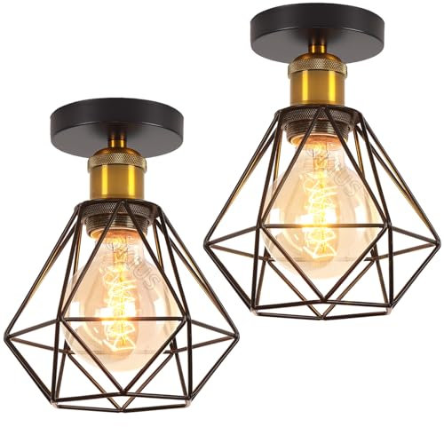 TOKIUS Lot de 2 Plafonniers Industrielles Vintages Lustres Suspensions Rétro E27 Douille Laiton Design Métal Cage Ø160mm Luminaire éclairage Pour Salon Cuisine Chambre