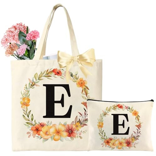 Wzczf Personalisierte Initiale Leinwand Tragetasche, Faltbar Tragetasche und Kosmetiktasche mit Initial,Schultertasche Shopper für Frauen Freundin Brautjungfer Geburtstage, Jahrestag Geschenk (E)