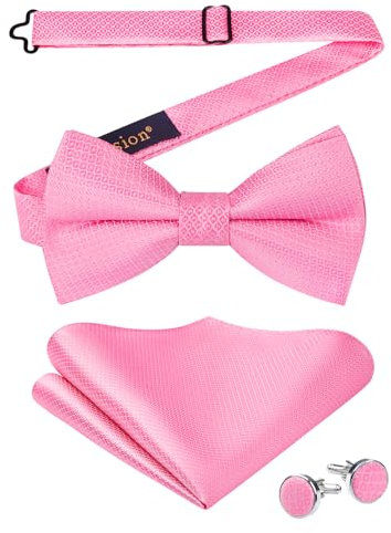 Enlision Noeud Papillon Rosa Pré-noué Réglable Nœud Papillon avec Crochet Boutons de Manchette et Carré de Poche Ensemble pour la Fête de Mariage