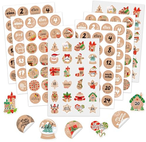 DPKOW 8 x 24 Aufkleber Adventskalender Zahlen, Kraft Weihnachten Adventskalender Sticker 1-24 Nummern Adventskalender 2025 Klebezahlen Selbstklebend Etiketten Adventskalender Basteln Weihnachten