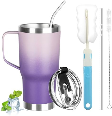20 oz Tumbler with Handle, Stainless Steel Insulated Tumbler with Lid and Straw, Double Wall Vacuum Insulated Coffee Mug Tumbler, Insulated Coffee Thermal Cup for Cold and Hot(Light Dark Purple)