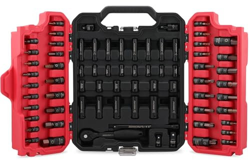 [Hex Torx Bit Impact Steckschlüssel-Set] 73-teiliges Master Impact Steckschlüsselsatz, SAE Metrische Tiefe Flachstecknüsse Externe Torx Bit Stecknüsse Inklusive Ratschengriff, Adapter,