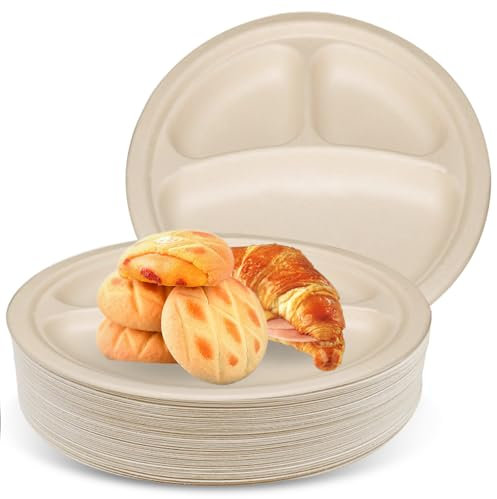 WIYETY Lot de 50 grandes assiettes en carton biodégradables de 23 cm avec 3 compartiments, en forme de canne à sucre, résistantes à l'huile et imperméables, pour fête, maison, pique-nique (beige)