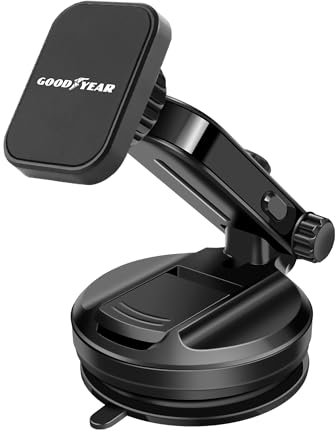 Goodyear Support de téléphone magnétique avec Ventouse Universelle pour Tableau de Bord et Pare-Brise, 2 aimants Inclus, Plaque magnétique pivotante 360°, Bras réglable jusqu'à 15,2 cm, pour IPhone,