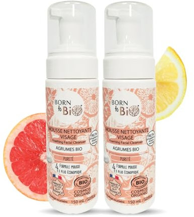 BORN TO BIO Mousse Nettoyante Visage Bio pour Peaux Grasses: Pureté - Lot de 2 x 150ml: Agrumes - Nettoyage Doux et Efficace - Texture Ultra Légère - Certifiée Bio