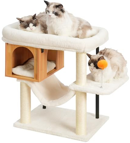 Heybly Arbre À Chat, Grande Plateforme 54 x 40 cm en Peluche, Maison en Bois, Hauteur 57.5 cm, Ses Tubes en Fer Et Base Large Procurent Bonne Stabilité, Parfait pour Chats Gras,Bois de Noyer HCT017WB