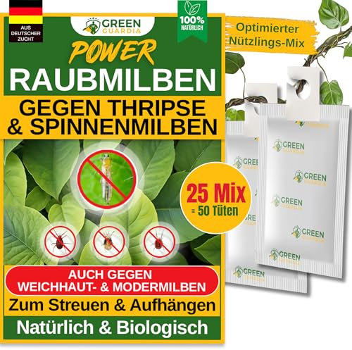GREEN GUARDIA Power Raubmilben Mix gegen Thripse & Spinnmilben– 25 Mix mit 50 Tüten - Biologisches Mittel zur effektiven Thripse Bekämpfung–Umweltfreundlich, chemiefreie Mittel,einfache Anwendung