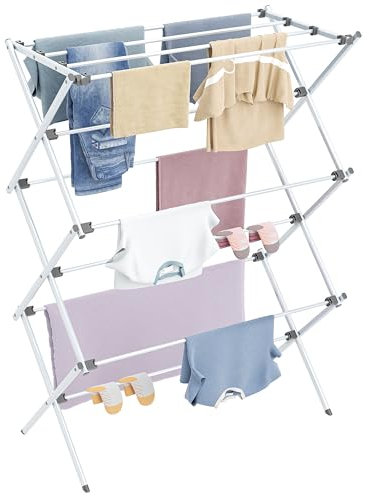HOMIDEC Clothes Airer,3-Tier Foldable Clothes Horse,Clothes Drying Rack with 11 Thickened Poles Bearing Weight 20kg,Space Saving Clothes Dryer for Indoor Outdoor.White&Grey（73 * 37 * 115cm）
