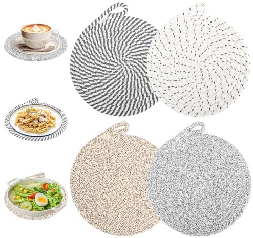 4 Stück Topfuntersetzer Set, 20cm Untersetzer Baumwolle Faden Weben Matte, Topfuntersetzer Hitzebeständig, Runde Geflochtene Untersetzer, Isolierte Platzset für Küche Töpfe, Pfannen und Teller