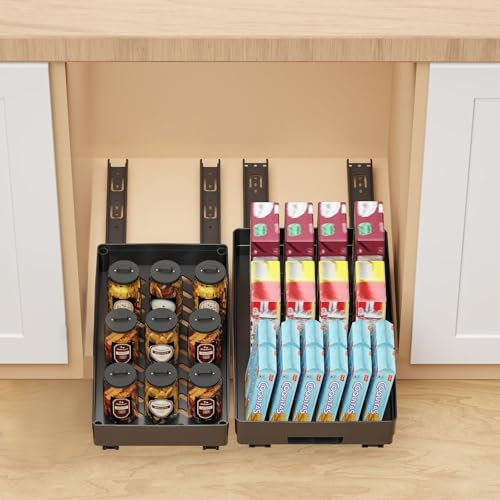 RAIN QUEEN 4 Stück Ausziehbare Küche Schubladen Organizer Küchenschrank Teleskopschublade mit Nano-Folienboden für Küche Vorratskammer und Bad(2 Größen, kein Loch Stanzen erforderlich, schwarz)