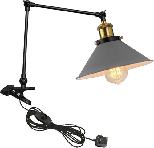 Clip on Reading Light Dimmable Swing Arm Desk Lamp Industrial Clamp Lamp for Reading Bedside Bookshelf Office(TD0633 GY)