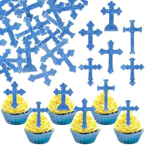 60 Stück Essbare Kreuz Cupcake Toppers Gott Segnet Cupcake Dekorationen Heilige Erste Kommunion Tortendeko Christliche Taufe Kuchen Deko für Religiös Kreuz Thema Baby Dusche Geburtstag Party Blau