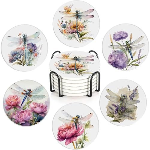 Libellen-Blumen-Untersetzer, saugfähig, Keramik, mit Korkboden und Halter, 10 cm, runde Getränkematten für Tassen, Weingläser, Auslaufschutz für Holz-/Glastische