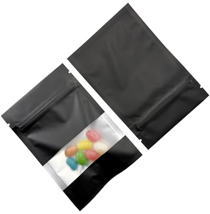 WACCOMT Pack 100 sacchetti in Mylar opachi, richiudibili, a prova di odore, con finestra trasparente con cerniera, in alluminio, per conservare alimenti, per piccole aziende, chiusura termosaldata