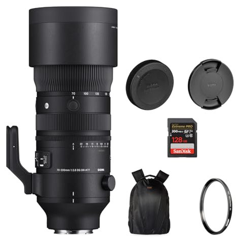 Sigma 70-200mm f/2.8 DG DN OS Sports Lens for Sony E | Dyanmic Zoom Camera Lens with Tiffen 77mm UV Filter, 128GB Extreme PRO SD Card and Camera Backpack with Versatile Storage (Bundle Set)