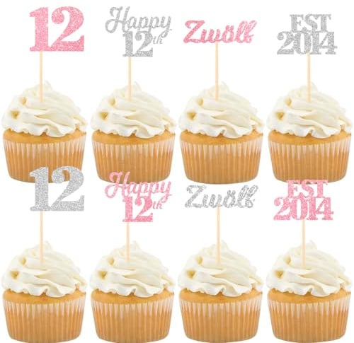 Gleevio Zwölf Cupcake Deko 12. Geburtstag Mädchen Junge, 24 Stück EST 2014 Tortendeko 12 Geburtstag Muffin Deko Rosa Silber, Glitzer Torten Deko 12 Jahre Mädchen, Happy 12 Kuchendeko 2014