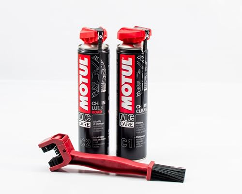 Gazoobike Pack d'entretien Chaîne Moto MC Care, Nettoyant C1 400ml + Lubrifiant C2 400ml avec Brosse de Nettoyage, Kit Complet pour Chaîne de Moto