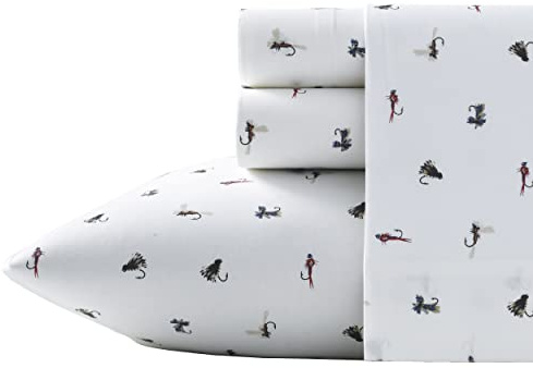 Eddie Bauer Hemlakan bomull percale bäddset krispigt och svalt, snygg heminredning, tvilling, fiskeflugor vit/multi