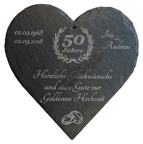 RaRu Großes Schiefer-Herz mit individueller Lasergravur Zur Goldenen Hochzeit (mit Datum und Namen graviert)
