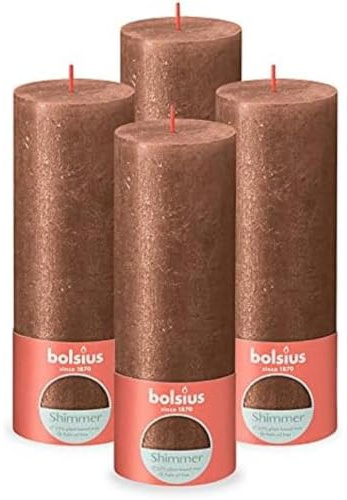 Bolsius Rustic Pillar Candle - Shimmer Copper - Pack of 4 - Long Burning Time of 85 Hours - Interior - Unscented - Includes Natural Vegan Wax - No Palm Oil - 19 x 7 cm