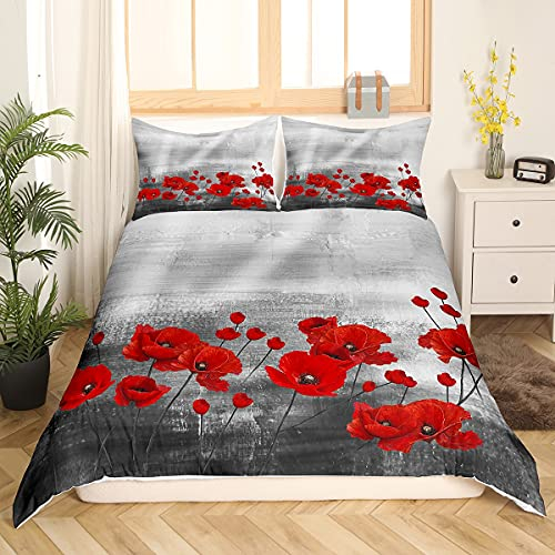 Loussiesd Rote Mohnblumen Bettwäsche Set Aquarell Blumenkunst Bettwäsche 135x200cm für Frauen Erwachsene Mädchen Bettbezug Romantische Botanische Natur Bettbezug Set Grau Rot Dekor weich Mikrofaser