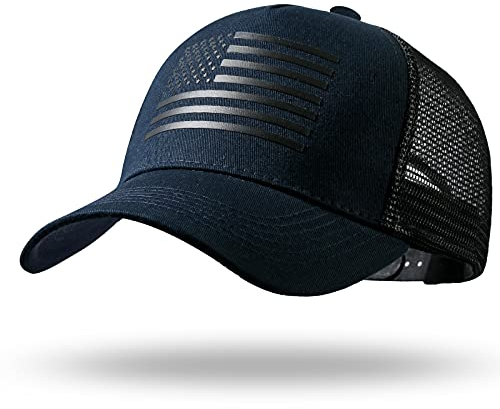 Trucker-Mütze mit amerikanischer Flagge, Snapback-Mütze, Baseballkappe für Herren und Damen, atmungsaktive Netzseite, verstellbare Passform, für Freizeitkleidung, Marineblau/Schwarz, Einheitsgröße