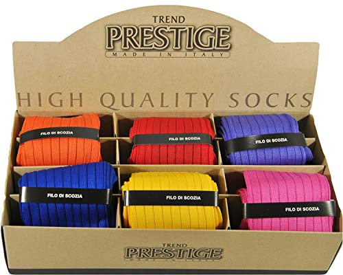 (6 PAIA) Bauletto regalo con 6 paia calze uomo lunghe a coste, in pregiatissimo filato cotone FILO DI SCOZIA® – 100% made in (Brescia) Italy (39-41)