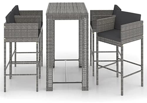 vidaXL Gartenbar Set 5-TLG. mit Kissen Theke Bar Tresen Gartentheke Bartisch Stehtisch Barhocker Barstuhl Gartenmöbel Poly Rattan Grau