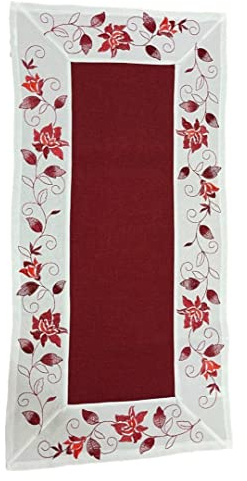 Tischläufer Tischdecke Mitteldecke Tischband gestickt Rosen Rot Weiss Silber Grau (22 x 55, Rot/Weiss)