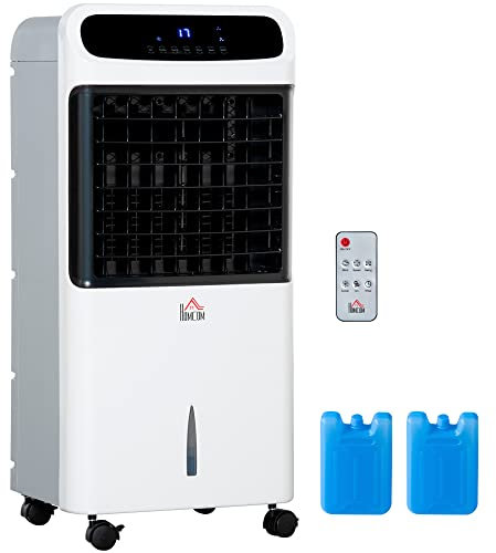 HOMCOM Climatizador Evaporativo Bajo Consumo 4 en 1 Depósito 12L Humidificador Climatizador Iones Negativos Control Remoto 3 Modos 3 Velocidades Temporizador 12 h Pantalla LED Táctil 38x35x81cm Blanco