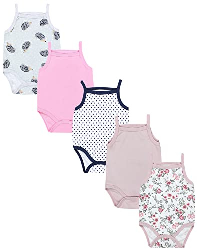 TupTam Body Baby Mädchen 5er Set – Sommer Body Baby mit Spaghettiträgern aus 100% Baumwolle, Farbe: Igelchen/Blumen/Rosa/Grau, Größe: 68