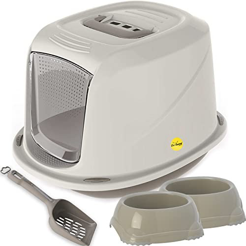 CAT CENTRE Jumbo Grey Hooded Kitten Litter Tray + 2x Non Slip Bowls +Waste Scoop Set Carbon Filter Large Cat Toilet Pet Box Loo Pan Starter Pack Bundle Portable Swing Flap Door Carry Handle Galaxy