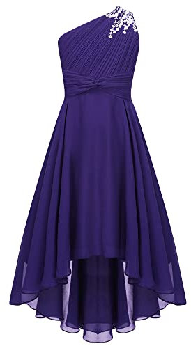 IEFIEL Robe de Mariage d'honneur Enfant Fille Une Épaule Robe de Princesse Cérémonie Plissée Robes Bustier Soirée Cocktail A Volante Dos Nu Violet 13-14 Ans