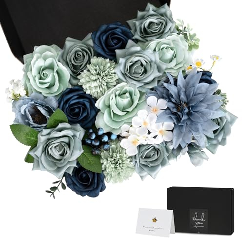 YZXZM Künstliche Blumen Combo, schmutzige blaue Rosen Dahlien Seidenblume Mix mit Drahtstiel für DIY Hochzeit Brautstrauß Party Arrangement (22 Packungen)