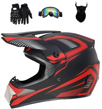 Senhill Motocross Helm Motorrad Helm DOT Downhill Fullface Helm Unisex Jugend Renn Motocross Fahrradhelm Off Road Dirt Bike Helm mit Handschuhen Brille Maske (Rot, M)