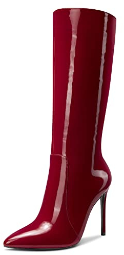 Aachcol Donna Spillo Alto High Tacco Heel Metà polpaccio Stivali Cerniera Chiusa a Punta Dress Scarpe Verniciata Borgogna Rosso 10 CM 36 EU
