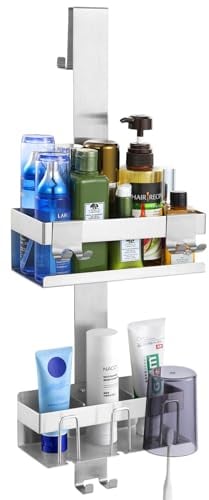 Emibele Duschablage ohne Bohren, Edelstahl Badezimmer Organizer mit 2 Körben & 8 Haken, Duschregal ohne Bohren für Rahmenlos Glastür, Stabiles Badregal mit Belastbarkeit von bis zu 10 kg, Silber