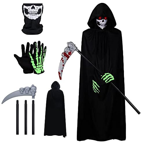 IKIJM Sensenmann Kostüm Karneval Umhang - Erwachsene Schädelmaske Sense Skelett Handschuhe Sensenmann Umhang mit Kapuze - Karneval Dekoration Kostüm Halloween Kostüm Set Cosplay