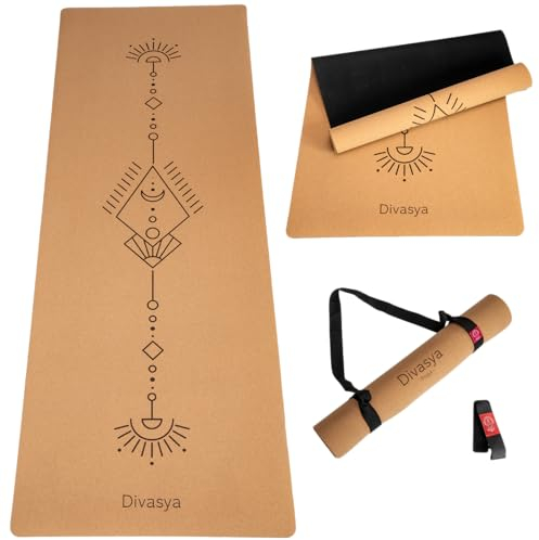 DIVASYA Premium Yogamatte Kork rutschfest: aus Naturkautschuk rutschfest & Kork, natürlich & nachhaltig, extra-breit & extra-dick (183x66x0,4cm), Yoga Matte Kork rutschfest (Kork Magic Arrow)