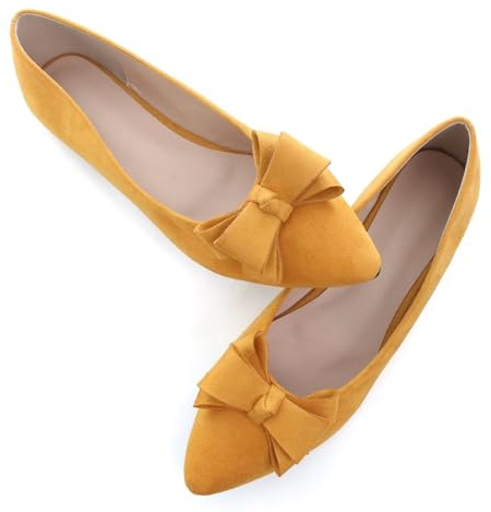 SAILING LU Womens Pointed Toe Ballet Flats Cute Bow-Knot Comfortable Loafers Business Slip On Dressy Walking Shoes, J163-yellow, 7 UK