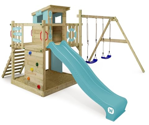 Wickey Aire de Jeux Smart Camp portique en Bois avec balançoire et Toboggan, Tour d'escalade pour Enfants avec bac à Sable, échelle et Accessoires de Jeu pour Le Jardin - Bleu Pastel