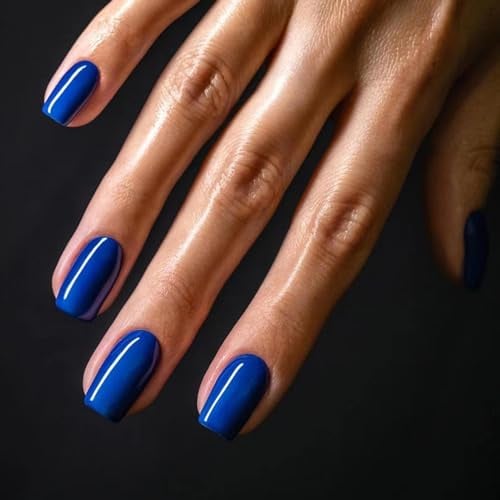 Ceboic 24 Pièces Faux Ongles Court Soft Gel Carré Acrylique Faux Ongles Autocollants Pleine Couverture Ongles à Coller French Press on Nails pour Femmes et Filles DIY Nail Art - Bleu Royal