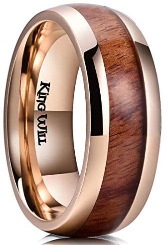 King Will NATURE Koa Wood Inlay Titanium Wedding Ring 8mm Gold Plated Dome Style High Polished Comfort Fit S (9.5)